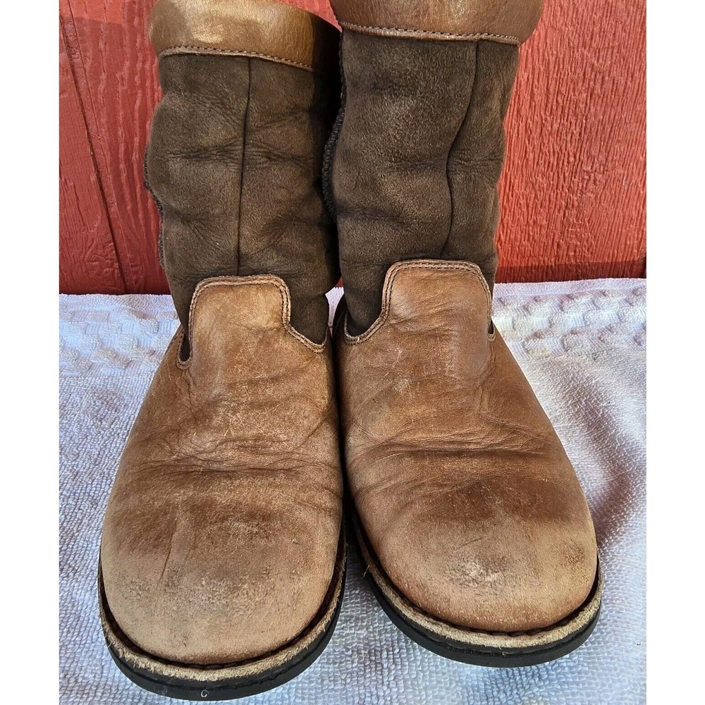 UGG Beacon Leather Boots Size 3 Brown Two Tone Sherpa Lined Hard Sole S/N 5925 - Picture 2 of 8